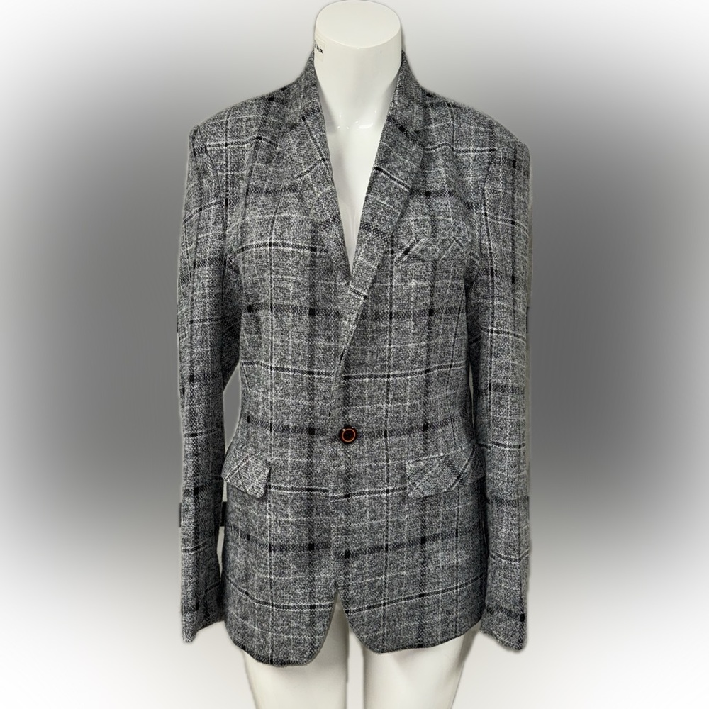 🅼 Vintage-Inspired Grey Plaid Tailored Blazer
